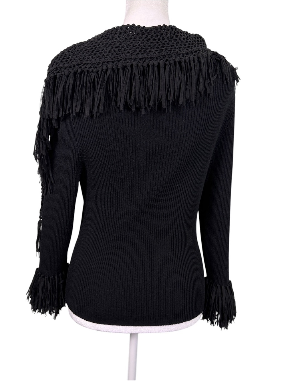 Pow Wow Black Fringe Crochet Sweater L Boho Western Festival Statement Top - Picture 9 of 14